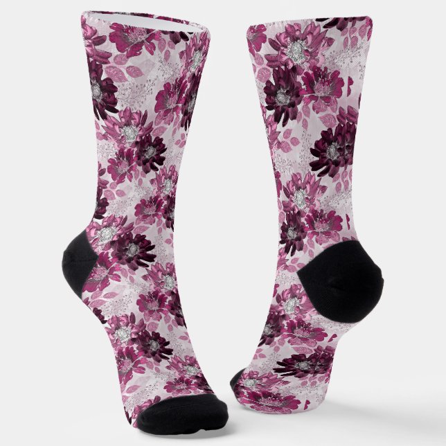 Chaussette Fleurs roses et bordeaux sur rose poussiéreux (Angulaire)