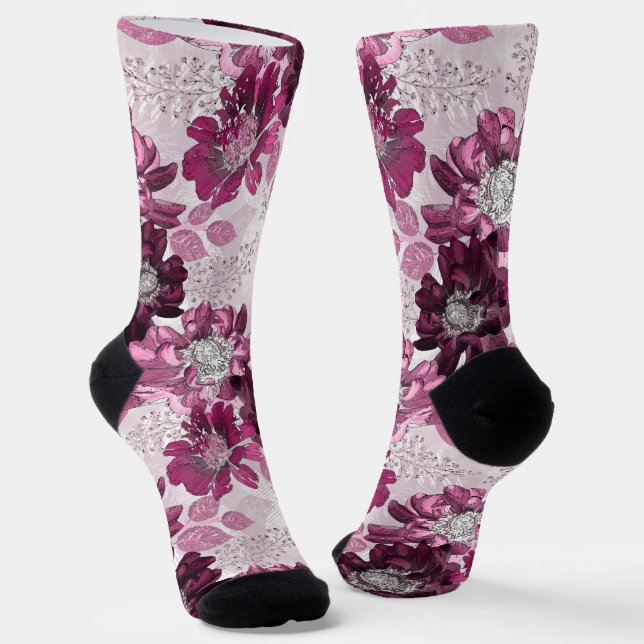 Chaussette Fleurs roses et bordeaux sur rose poussiéreux (Angulaire)