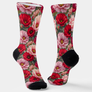 Chaussette Fleurs roses, rouges et mauves