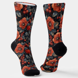 Chaussette Fleurs rouges en noir