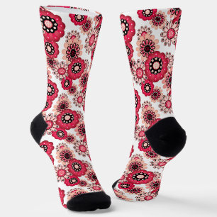 Chaussette Fleurs rustique rétro rouge et blanc