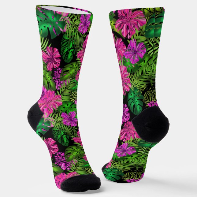 Chaussette Fleurs tropicales et plantes en noir (Angulaire)