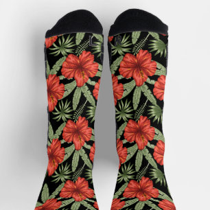 Chaussette Fleurs tropicales rouges sans coutures motif vert 