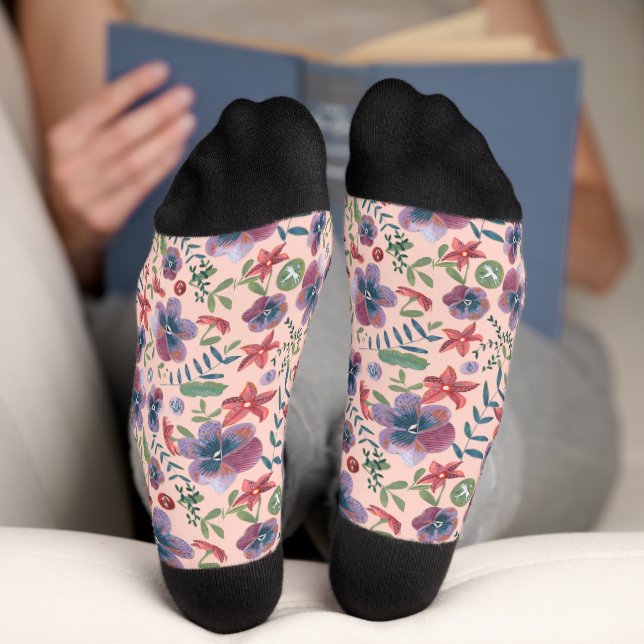 Chaussette Fleurs Violets floral tout-dessus monogramme (Fond)