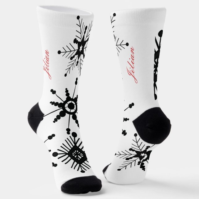 Chaussette Flocons de Noël Noir Script Nom Rouge (Angulaire)