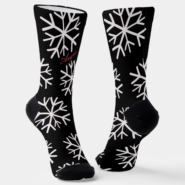 Chaussette Flocons de Noël  Nom en script noir et blanc (Angulaire)