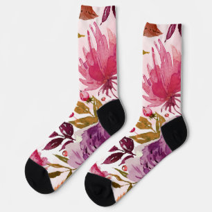 Chaussette Floral Aquarelle Rouge, Rose, Mauve