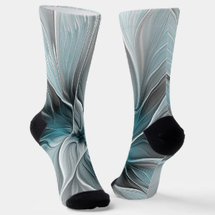 Chaussette Floral Fractal Moderne Fleur Abstrait gris bleu