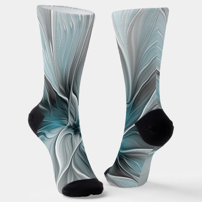 Chaussette Floral Fractal Moderne Fleur Abstrait gris bleu (Angulaire)