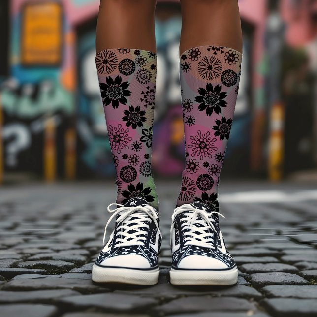 Chaussette Floral Print Pop Art Motif mignon Girl Boho Grey (Créateur téléchargé)
