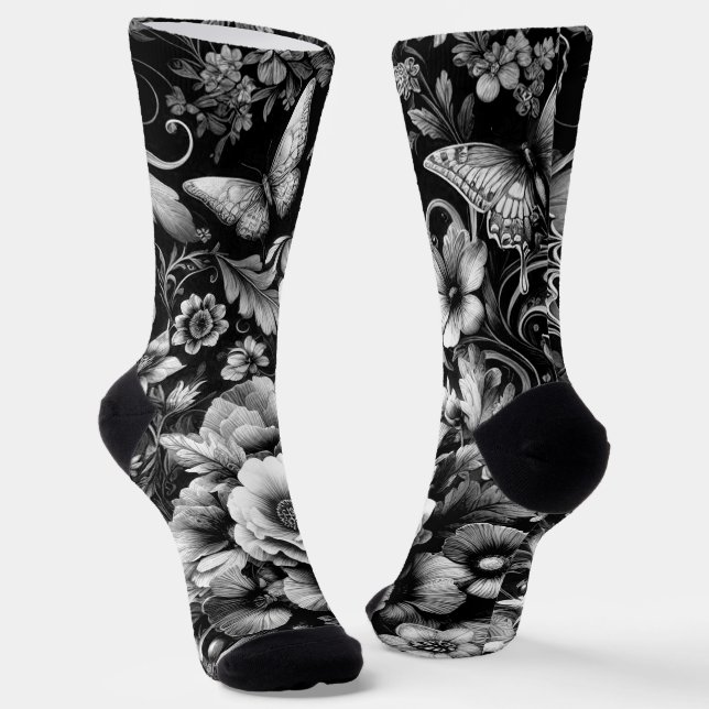 Chaussette Florale d'antiquité monochrome avec papillons (Angulaire)