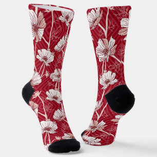 Chaussette Florales blanches avec Arrière - plan rouge