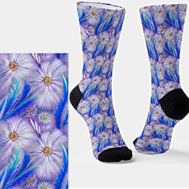 Chaussette Fluffy Feminine Fleurs blanches et plumes bleues