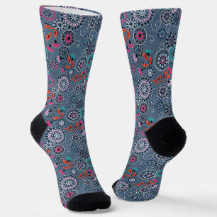 Chaussette Folk ethnique abstrait motif floral rétro gris blu