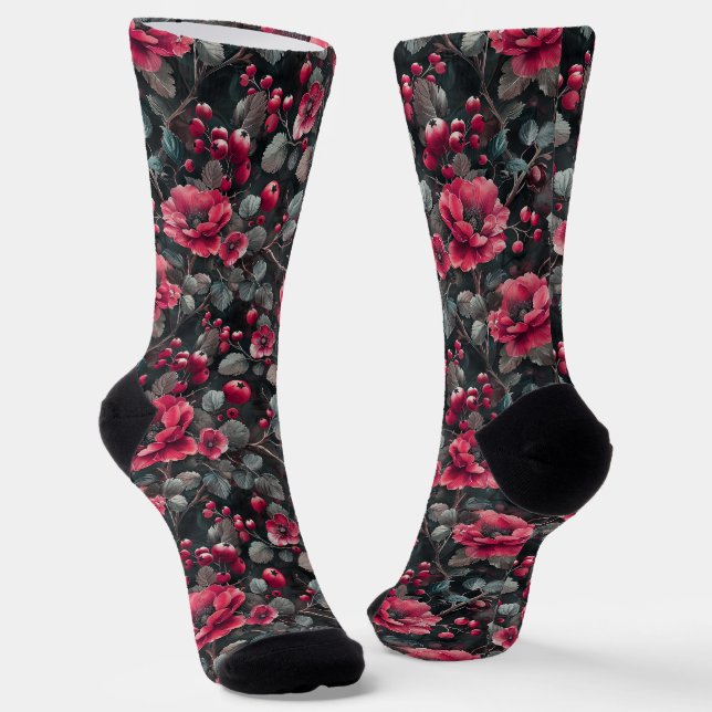 Chaussette Framboise, fleurs bordeaux sur gris foncé (Angulaire)