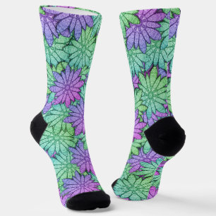 Chaussette Fun Purple et Fleurs vertes