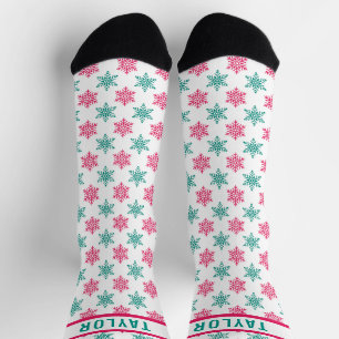 Chaussette Fun Red White Green Snowflakes Motif Nom personnal