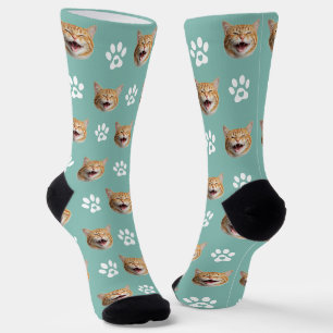 Chaussette Funny Custom Photo de chat avec Motif Paw Turquois