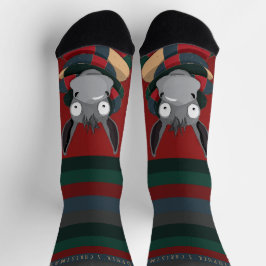Chaussette Funny Donkey Cartoon with Festive Stripes on Red 