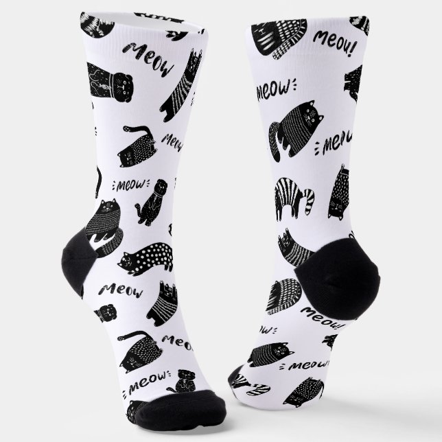 Chaussette Funny Doodle Black and White Cat Socks (Angulaire)