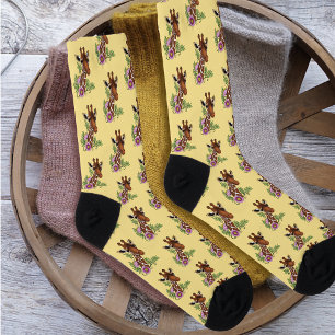 Chaussette Giraffe Fleurs de Portrait Jaunes