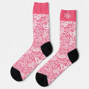 Chaussette Girly Blush Rose mignon Animal Imprimer Coeurs Nom