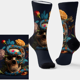 Chaussette Goth Crâne, serpent bleu et fleurs sur bleu