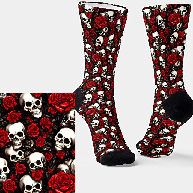Chaussette Goth Crânes blancs et roses rouges sur Noir (Créateur téléchargé)