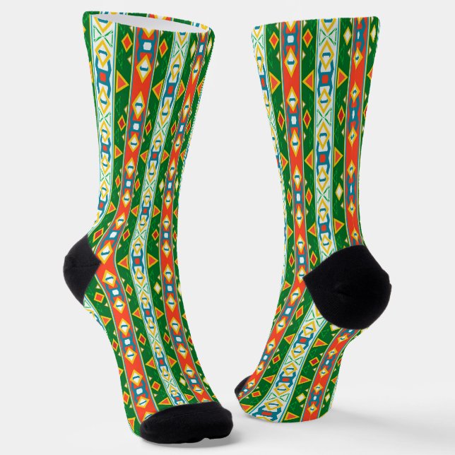 Chaussette Grandes et formes géométriques vert orange blanc (Angulaire)
