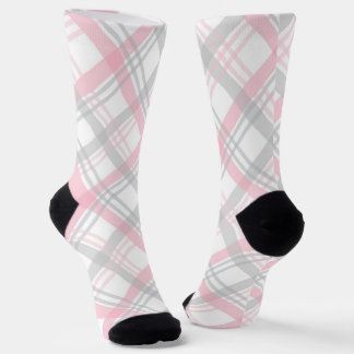 Chaussette Gray and Pink Plaid Crew Socks
