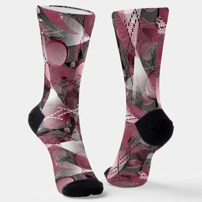 Chaussette Grey, Bourgogne, blanc motif abstrait. (Angulaire)