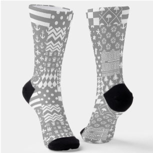 Chaussette Gris Blanc Mixte Motif Patchwork Design