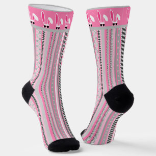 Chaussette Gris, rose et blanc avec lapin blanc de Pâques