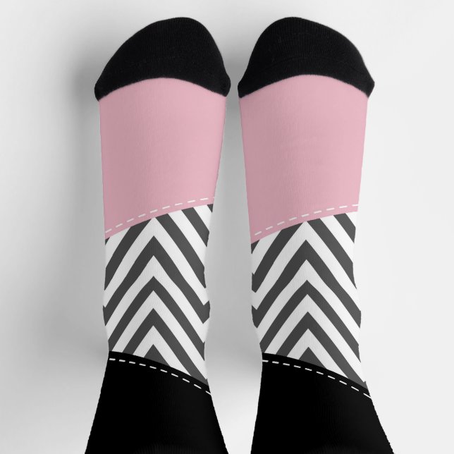 Chaussette Gris Zigzag, Gris Chevron, Motif Zigzag, Rose (Haut)