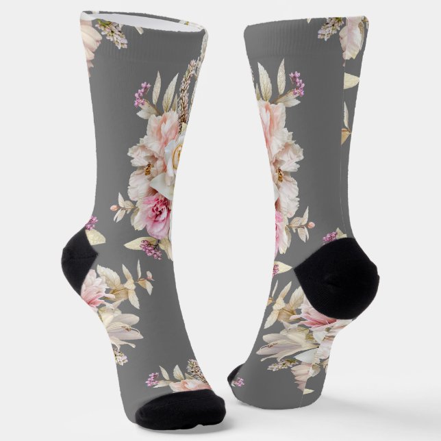 Chaussette Grooms Mariage Floral Bouquet Motif sur Grey (Angulaire)