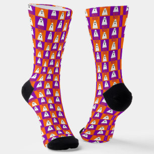 Chaussette Halloween Boo Ghost Purple et Carrés orange