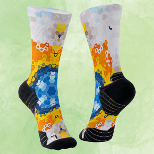 Chaussette Hex Mandala bleu jaune orange et blanc