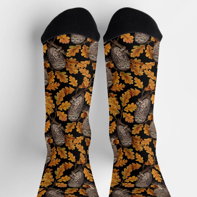 Chaussette Hiboux d'automne sur fond noir (Haut)