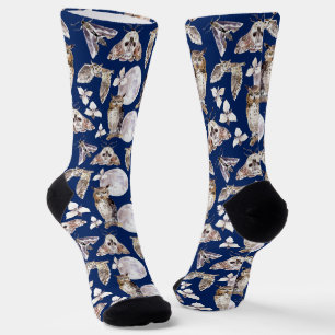 Chaussette Hiboux Moths Pleine Lune Sur Fond Bleu Foncé