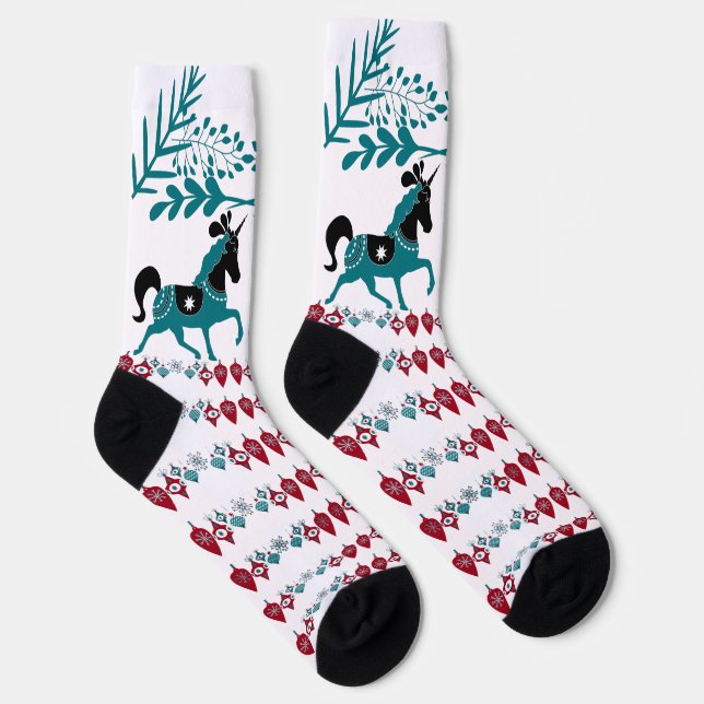 Chaussette Hiver Bleu Noël Ornements Cheval Art Blanc (Droite)