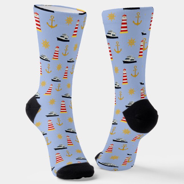 Chaussette Icônes nautiques élégantes sur Chaussettes bleu cl (Angulaire)