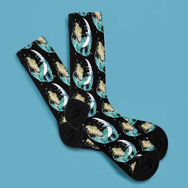 Chaussette Imaginaire Art déco de la lune de sirène noire (Créateur téléchargé)