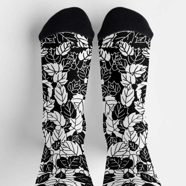 Chaussette Impression feuille japonaise, noir et blanc (Haut)