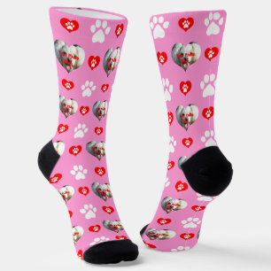 Chaussette J'aime mon chien Motif photo personnalisé rose