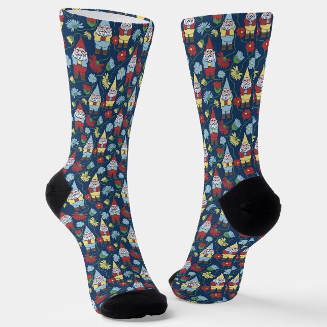 Chaussette Jardin Gnomes et fleurs Marine Bleu Motif (Angulaire)