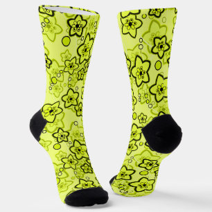 Chaussette Jaune avec motif floral néon brillant noir