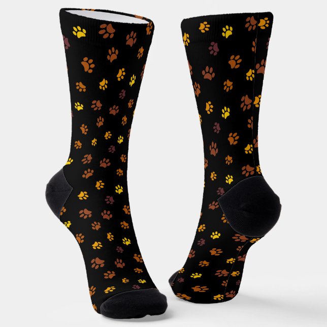 Chaussette Jaune Orange Brown Empreinte de patte Motif Noir (Angulaire)