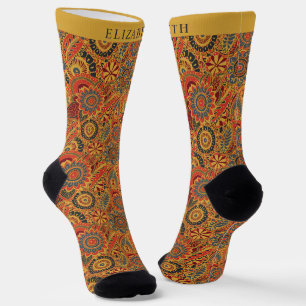 Chaussette Jaune rouge orange vert aztèque Motif