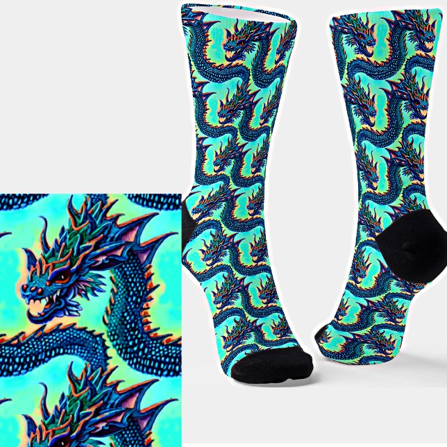 Chaussette Joli bébé dragon bleu Kawaii sur Aqua  (Créateur téléchargé)