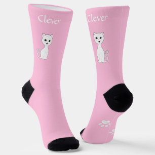 Chaussette Joli chat blanc drôle & pattes sur fond rose clair